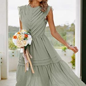 Angashion Women's Summer Maxi Dress Casual Crewneck Cap Sleeve Swiss Dress